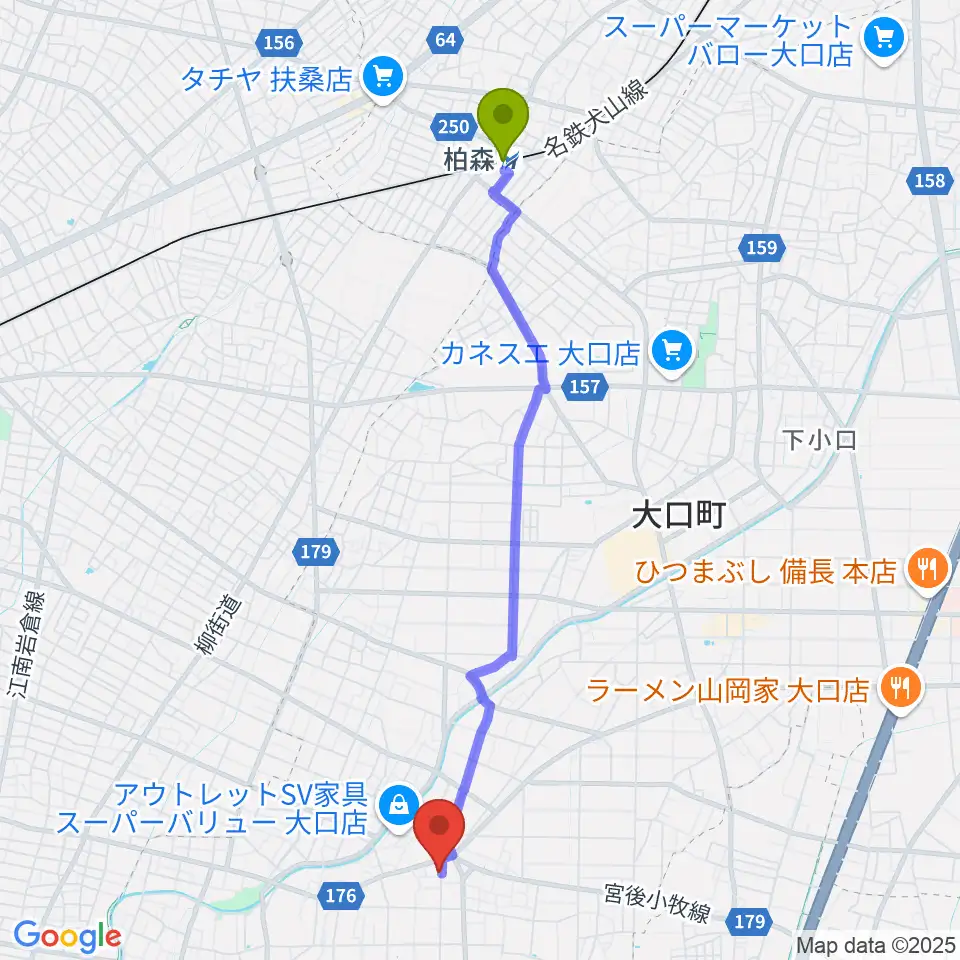 柏森駅からおおもり音楽教室へのルートマップ地図