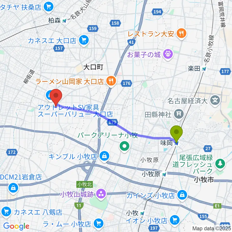 味岡駅からおおもり音楽教室へのルートマップ地図