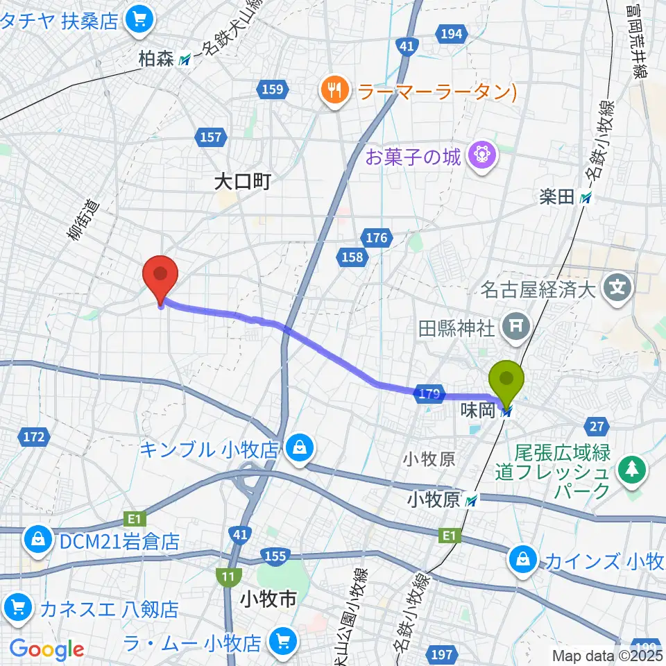 味岡駅からおおもり音楽教室へのルートマップ地図