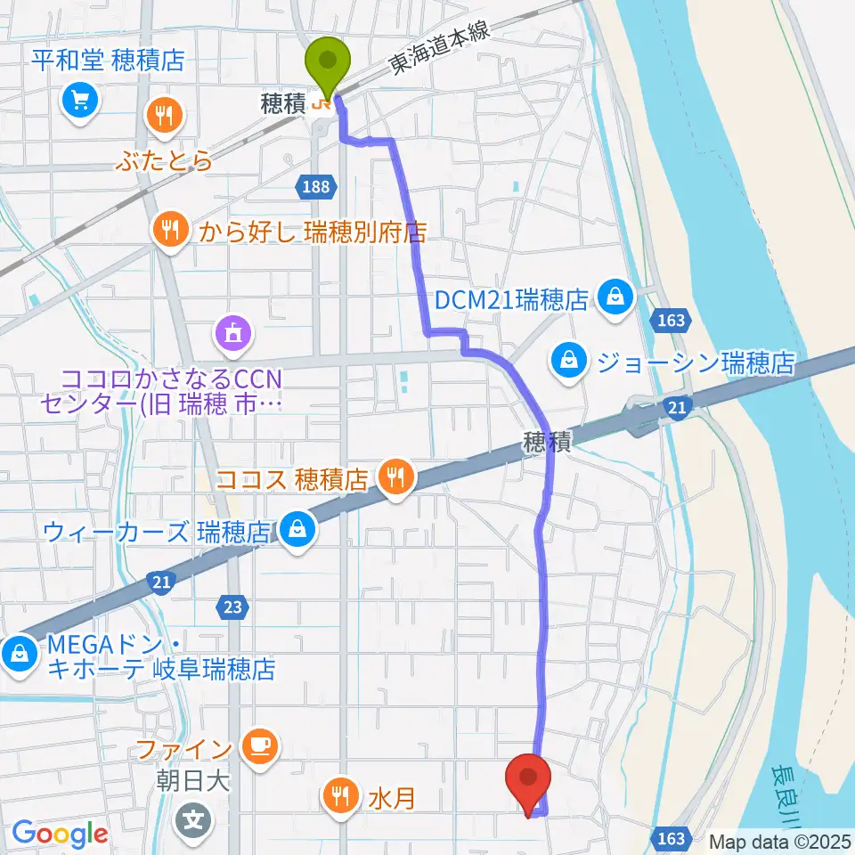 レッスンスタジオ・マーコの最寄駅穂積駅からの徒歩ルート（約27分）地図