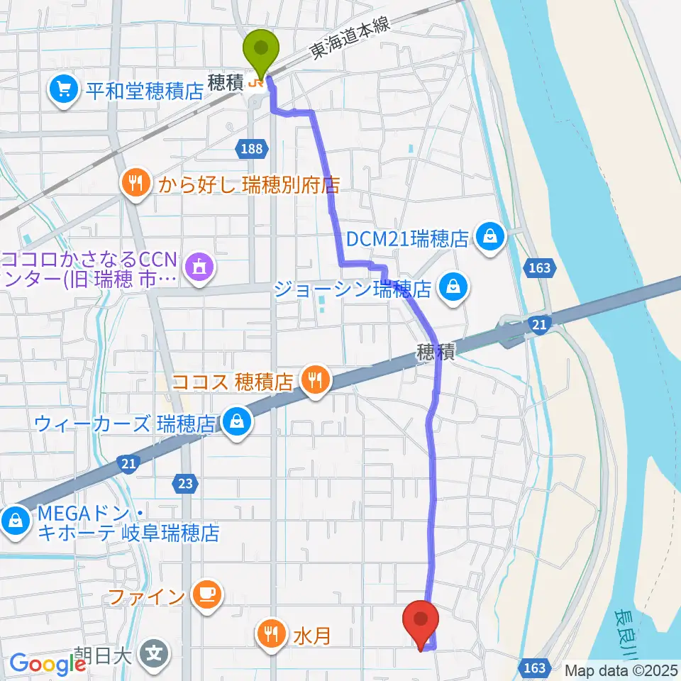 レッスンスタジオ・マーコの最寄駅穂積駅からの徒歩ルート（約27分）地図