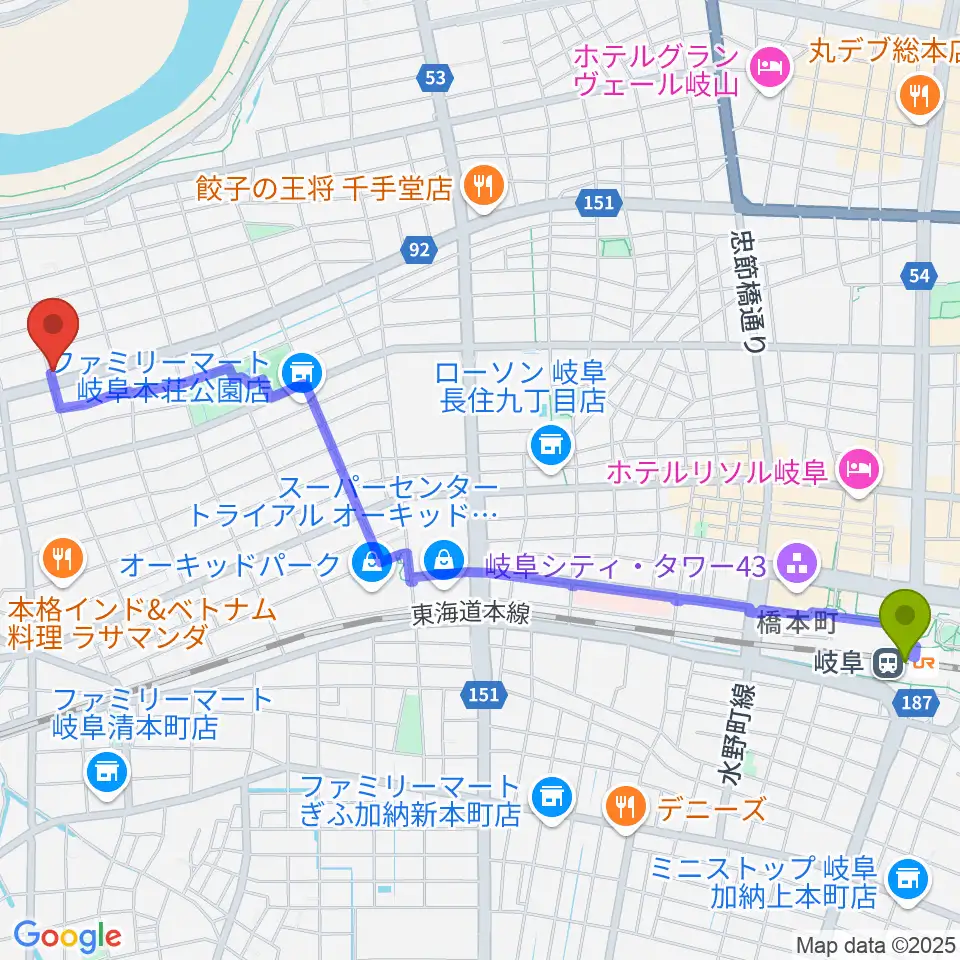 岐阜駅からM's MUSIC SCHOOL & LIVEHALLへのルートマップ地図