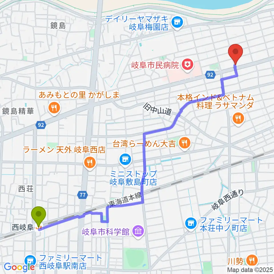 M's MUSIC SCHOOL & LIVEHALLの最寄駅西岐阜駅からの徒歩ルート（約29分）地図