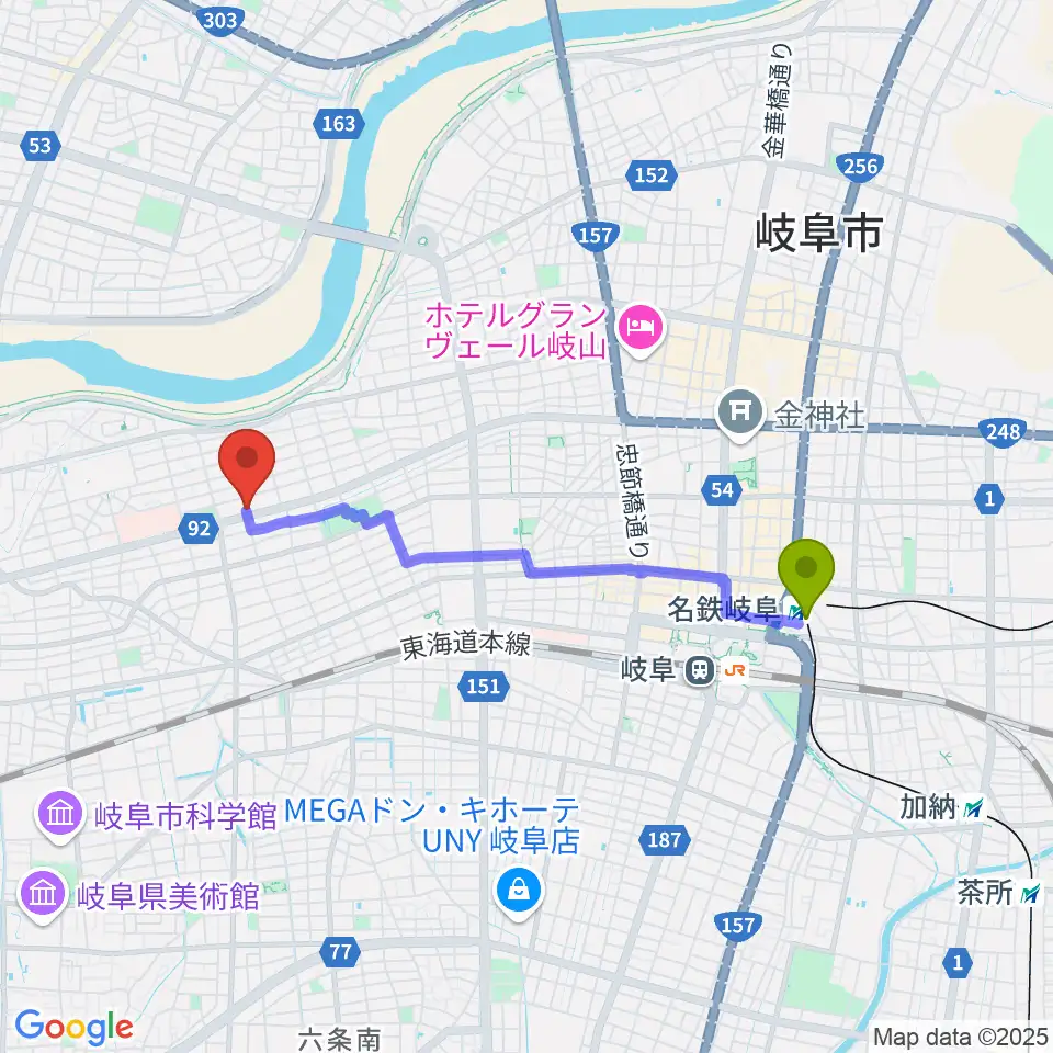 名鉄岐阜駅からM's MUSIC SCHOOL & LIVEHALLへのルートマップ地図
