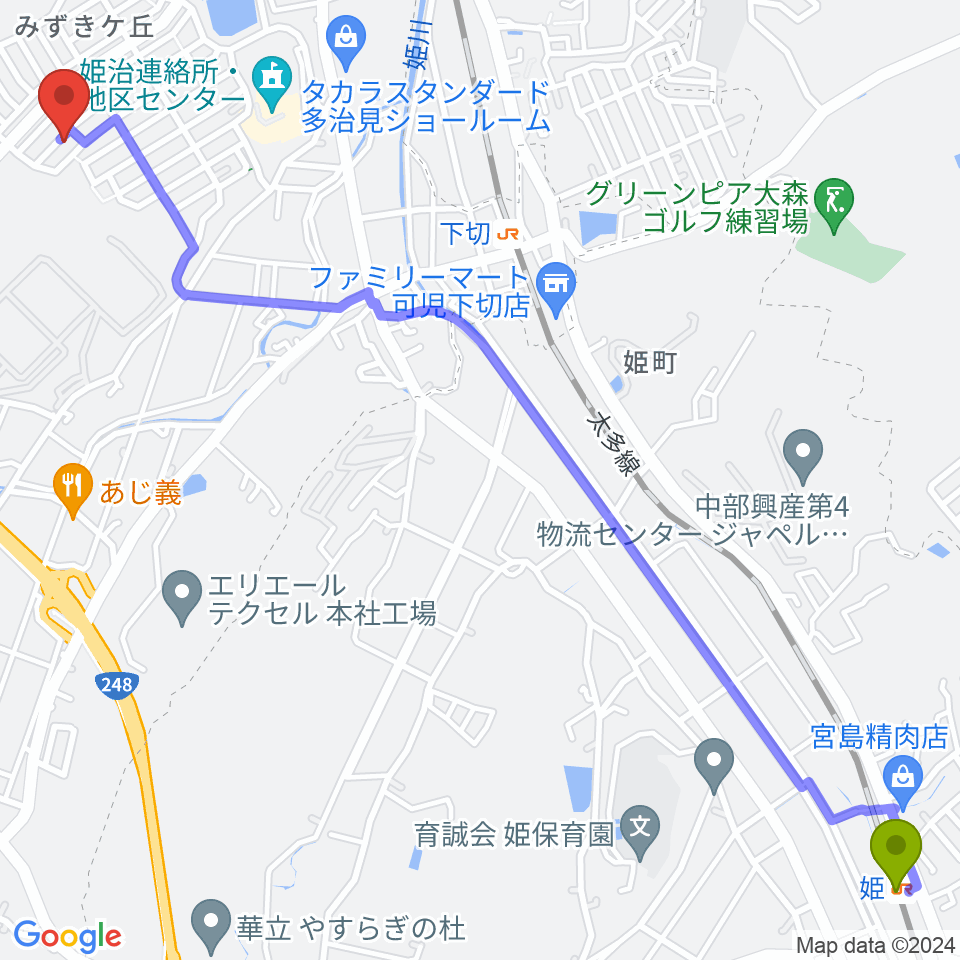 姫駅から音楽教室ピアチェーレへのルートマップ地図