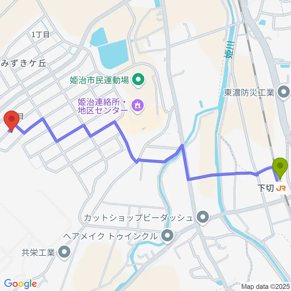 音楽教室ピアチェーレの最寄駅下切駅からの徒歩ルート（約15分）地図