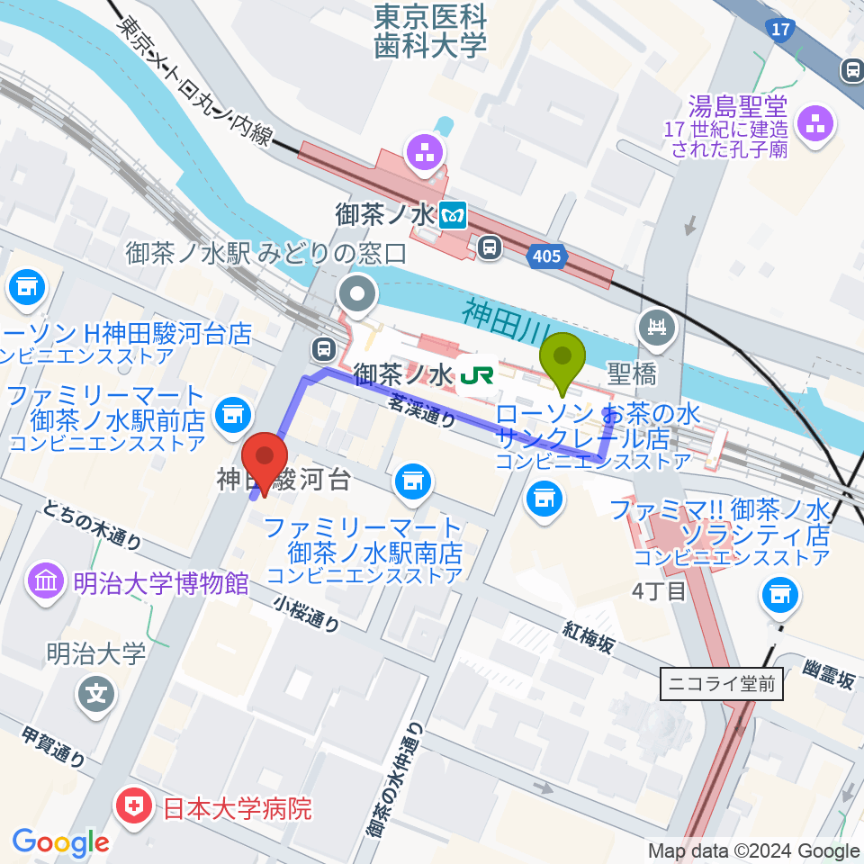 イシバシ楽器 御茶ノ水本店の最寄駅御茶ノ水駅からの徒歩ルート（約3分