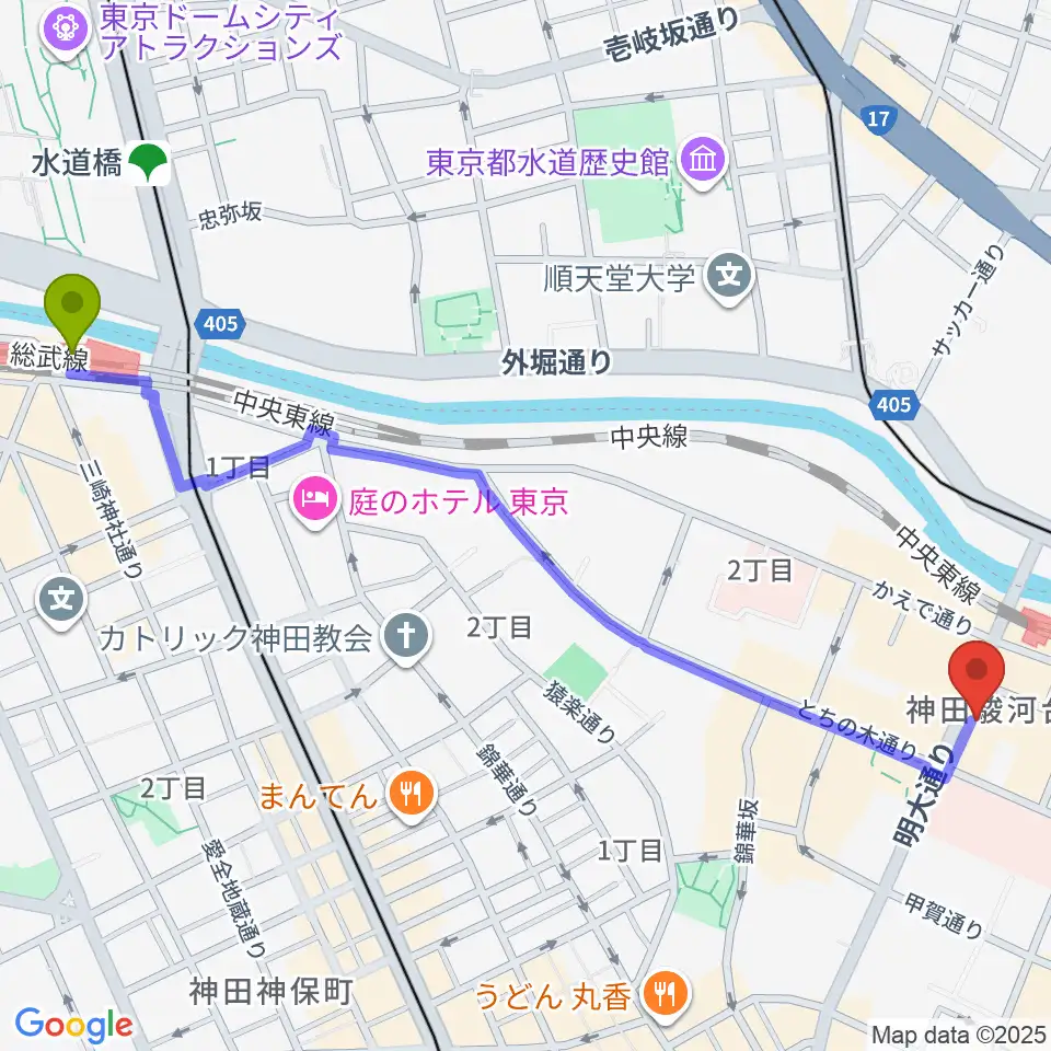 水道橋駅からイシバシ楽器 御茶ノ水本店へのルートマップ地図