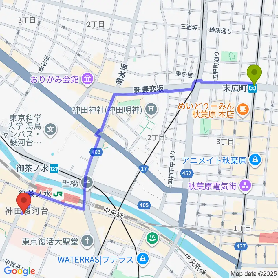 末広町駅からイシバシ楽器 御茶ノ水本店へのルートマップ地図