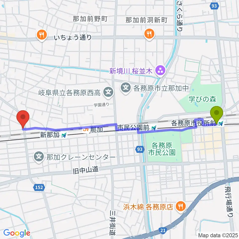 各務原市役所前駅からシャルテ音楽教室へのルートマップ地図