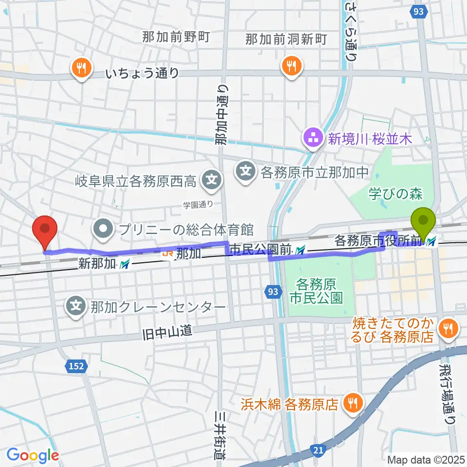 各務原市役所前駅からシャルテ音楽教室へのルートマップ地図