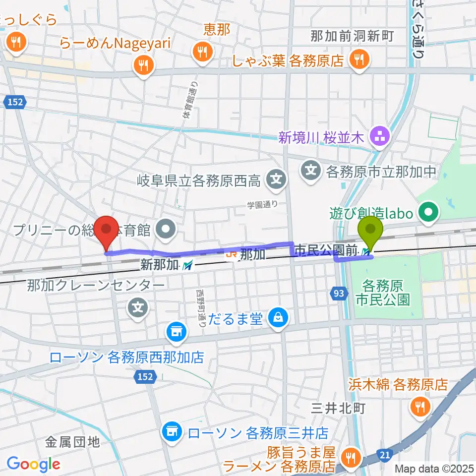 市民公園前駅からシャルテ音楽教室へのルートマップ地図