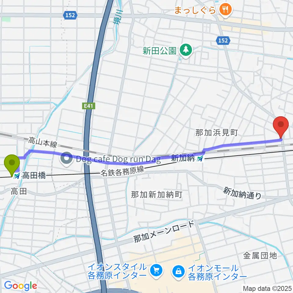 高田橋駅からシャルテ音楽教室へのルートマップ地図