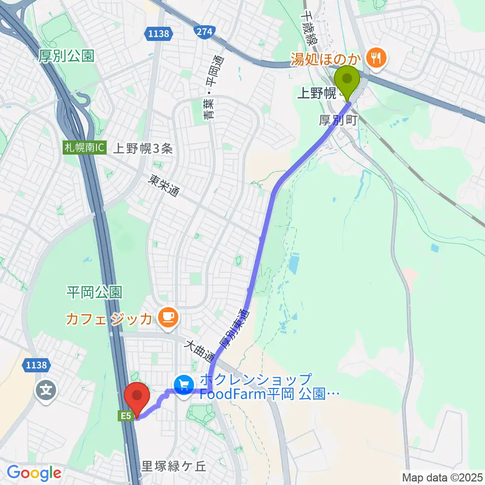 札幌ステュームスタジオの最寄駅上野幌駅からの徒歩ルート（約44分）地図