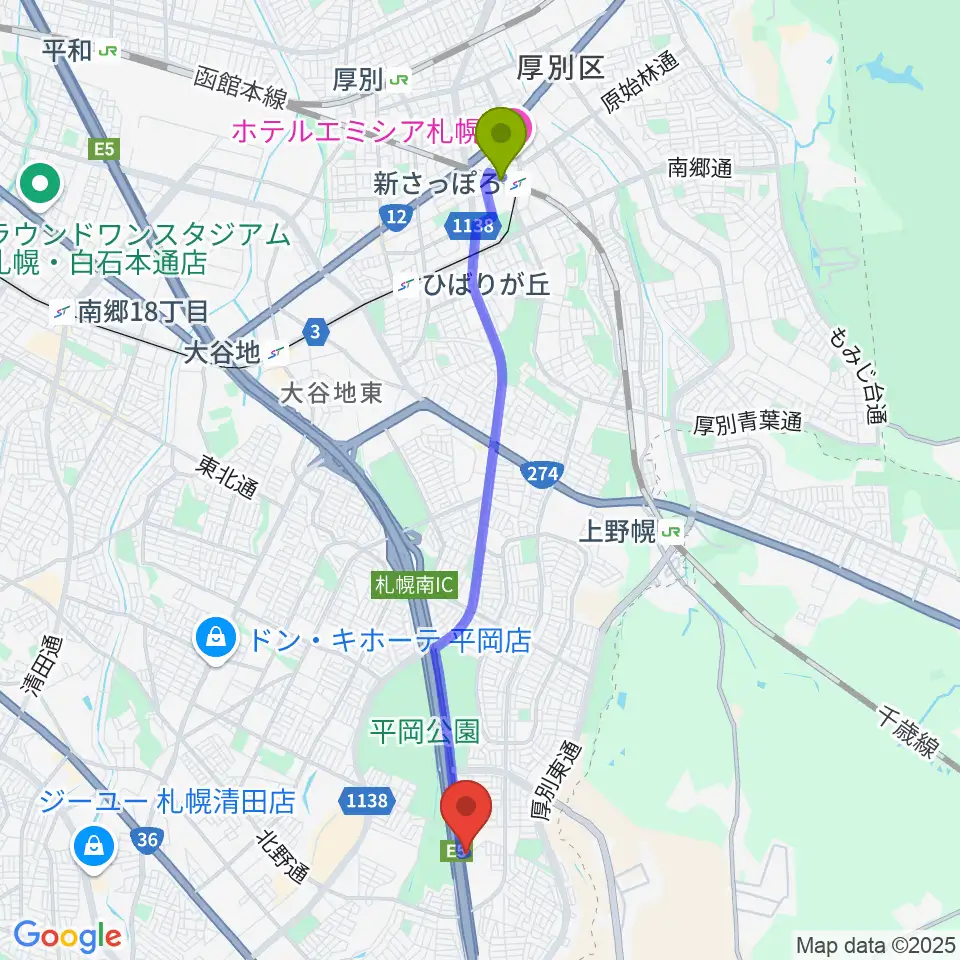 新札幌駅から札幌ステュームスタジオへのルートマップ地図