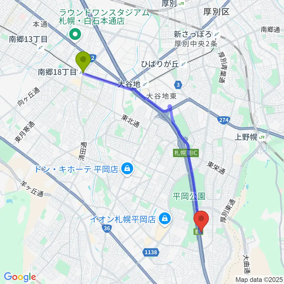 南郷１８丁目駅から札幌ステュームスタジオへのルートマップ地図