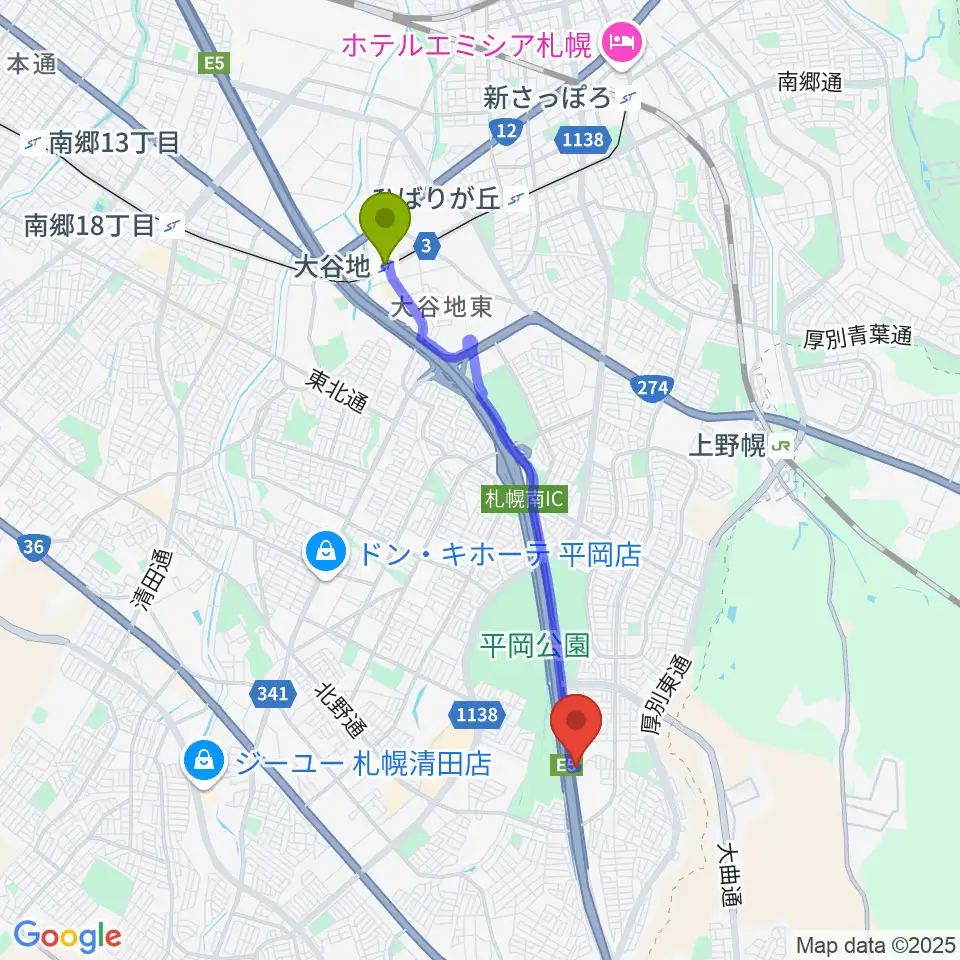 大谷地駅から札幌ステュームスタジオへのルートマップ地図