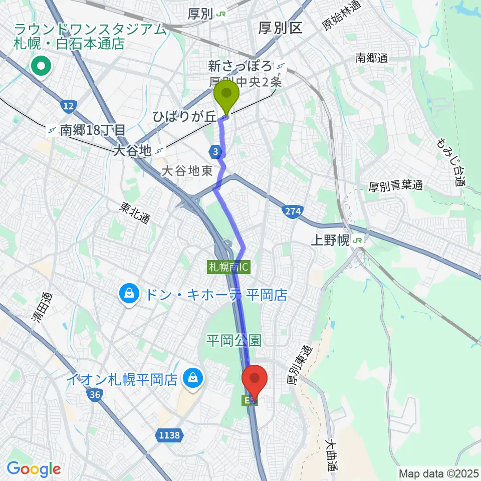 ひばりが丘駅から札幌ステュームスタジオへのルートマップ地図