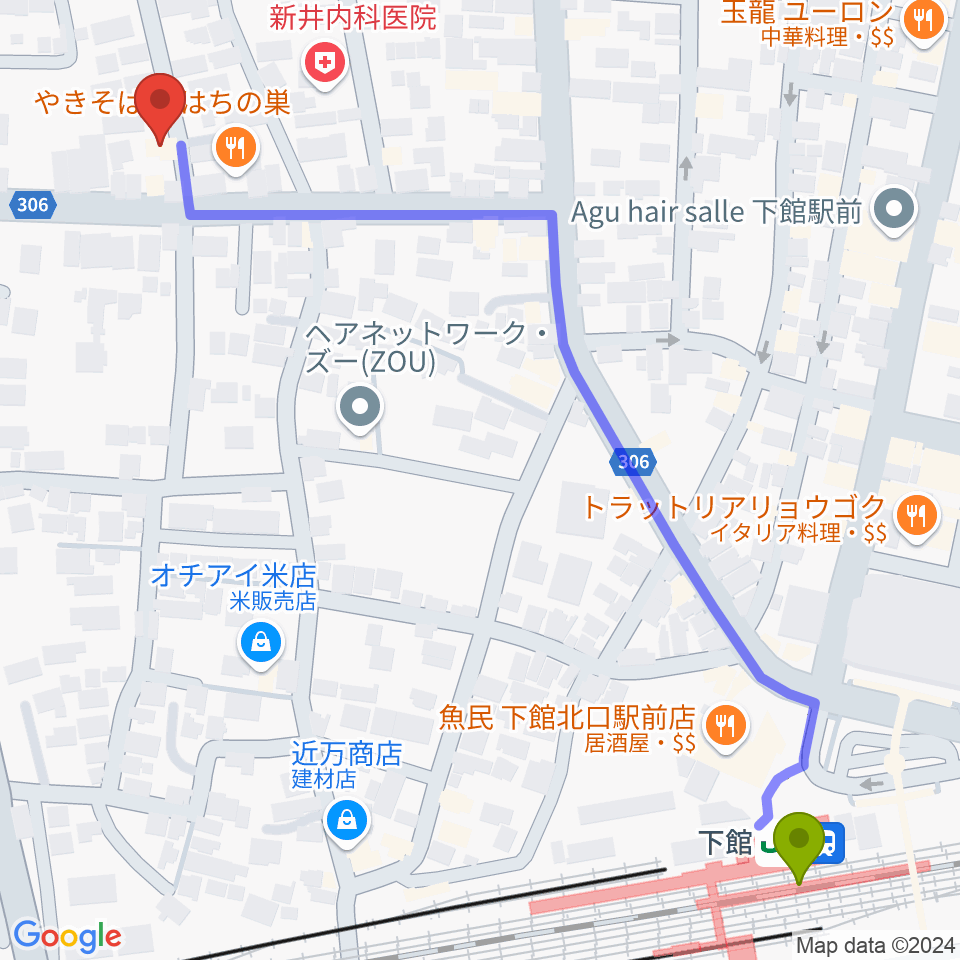 金田ピアノ教室の最寄駅下館駅からの徒歩ルート（約8分）地図