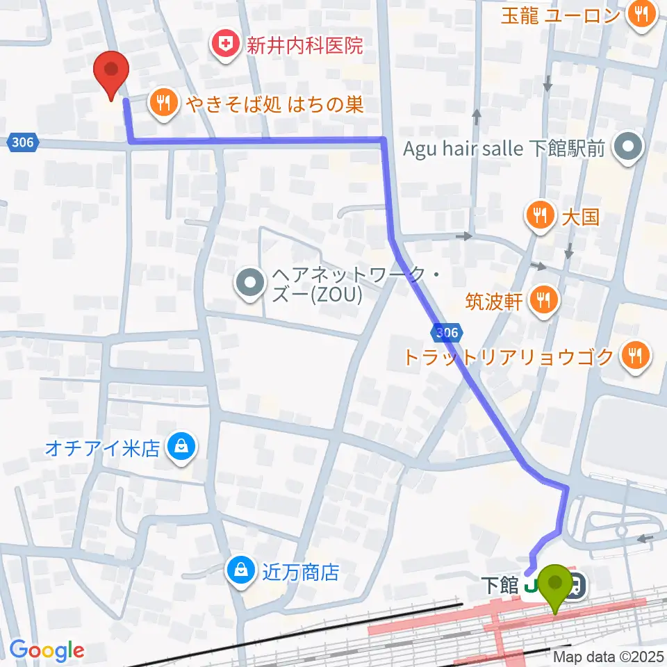 金田ピアノ教室の最寄駅下館駅からの徒歩ルート（約8分）地図