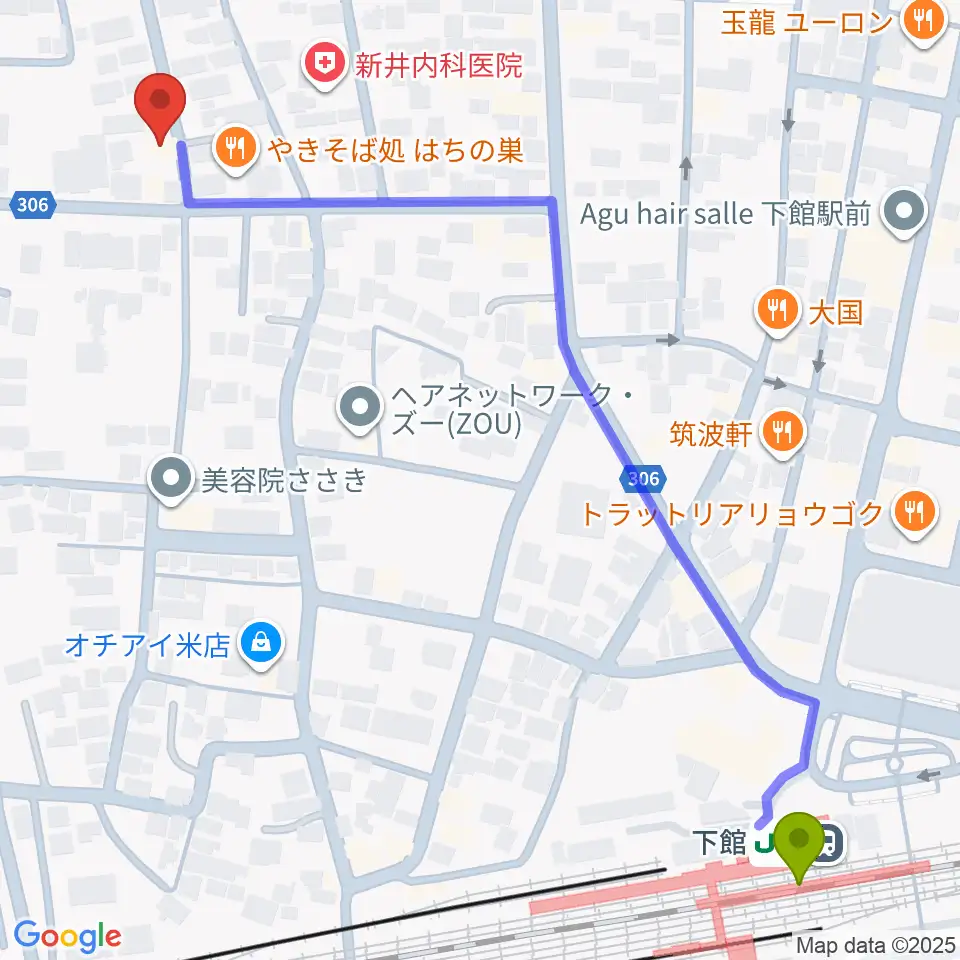 金田ピアノ教室の最寄駅下館駅からの徒歩ルート（約8分）地図