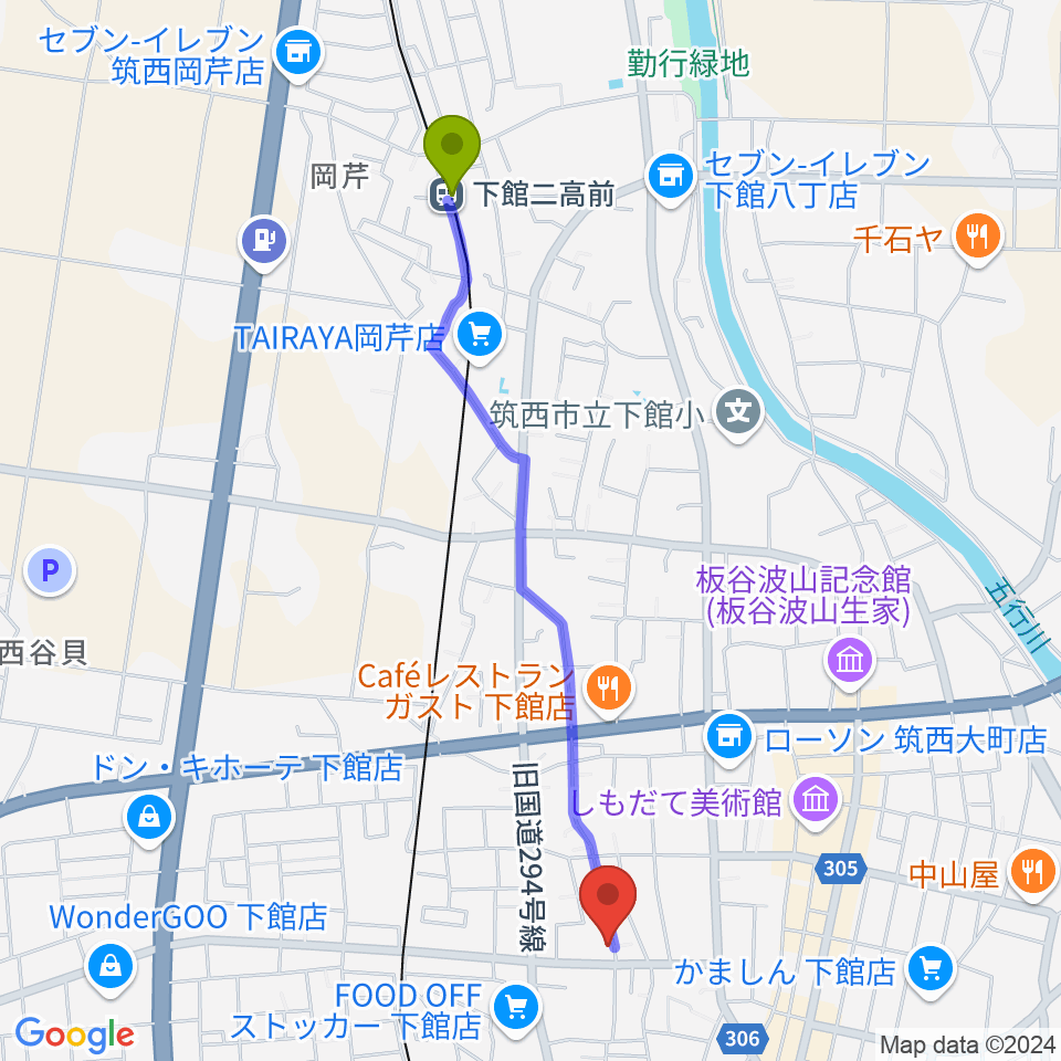 下館二高前駅から金田ピアノ教室へのルートマップ地図