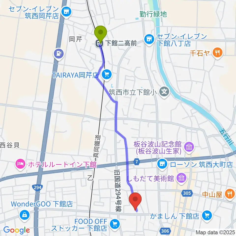 下館二高前駅から金田ピアノ教室へのルートマップ地図