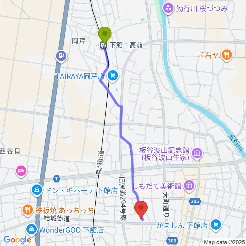 下館二高前駅から金田ピアノ教室へのルートマップ地図