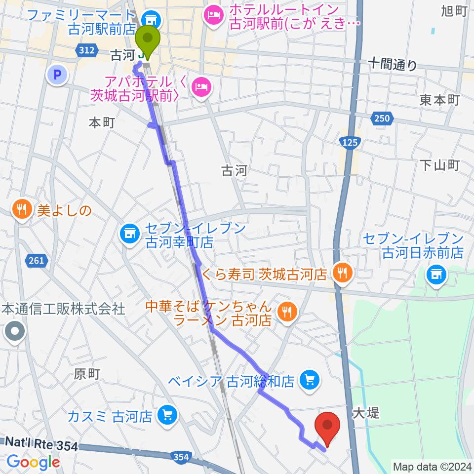 山中ギター音楽院の最寄駅古河駅からの徒歩ルート（約28分）地図