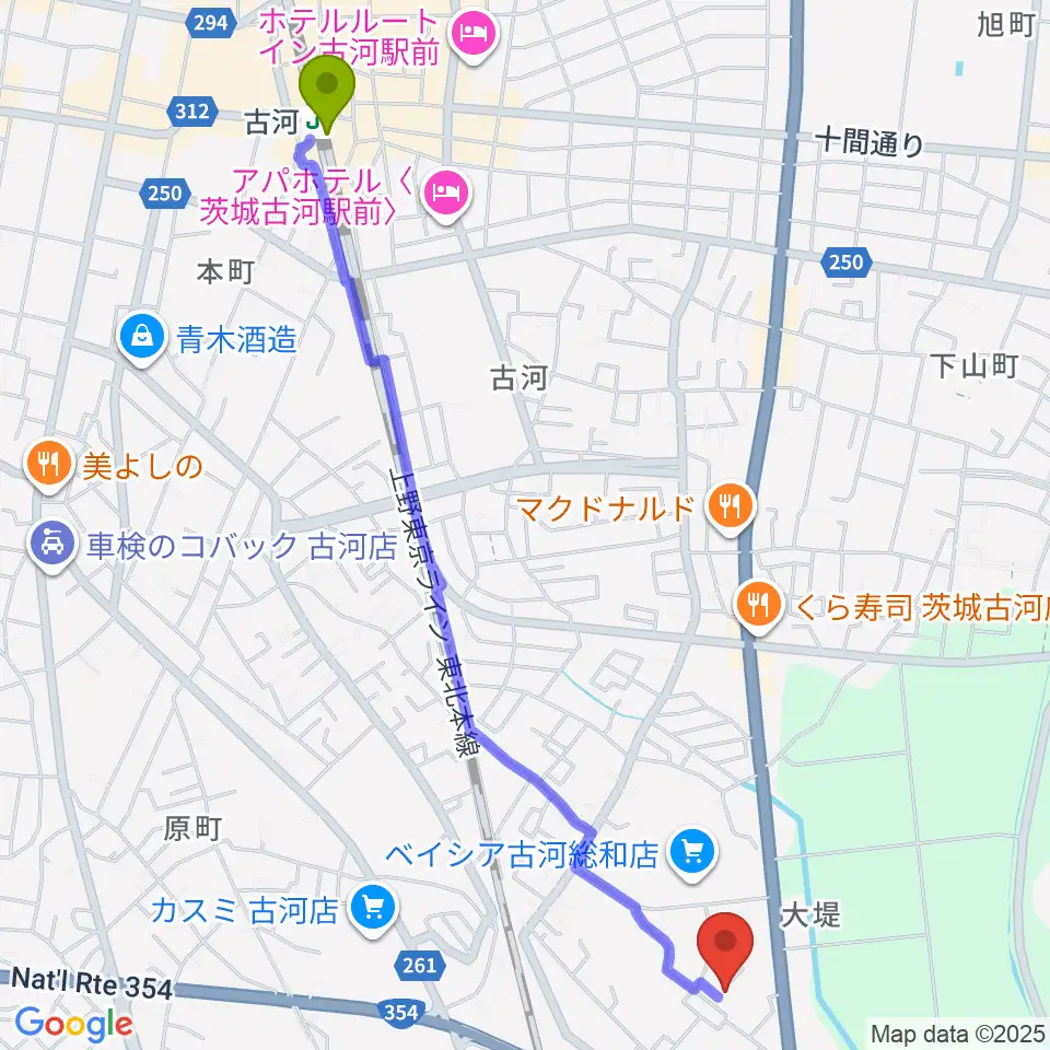 山中ギター音楽院の最寄駅古河駅からの徒歩ルート（約28分）地図