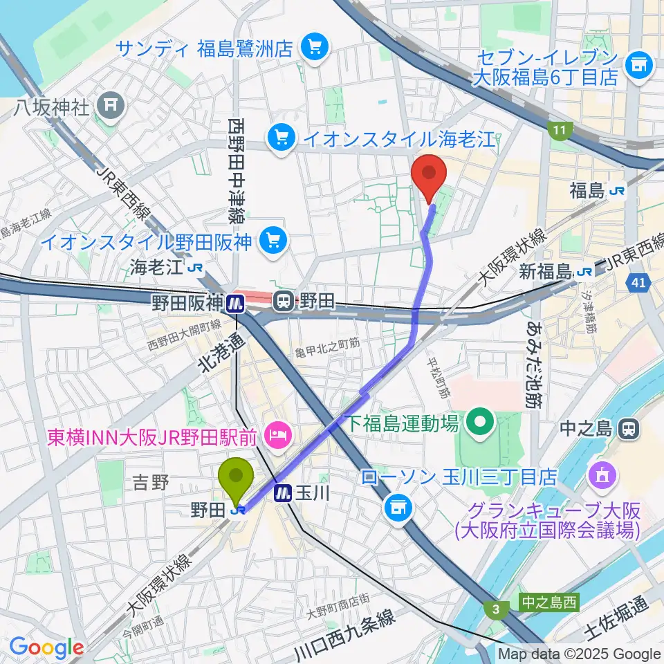 野田駅からまこと音楽教室へのルートマップ地図