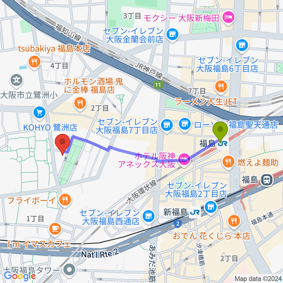 まこと音楽教室の最寄駅福島駅からの徒歩ルート（約9分）地図