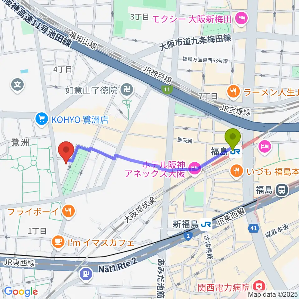 まこと音楽教室の最寄駅福島駅からの徒歩ルート（約9分）地図