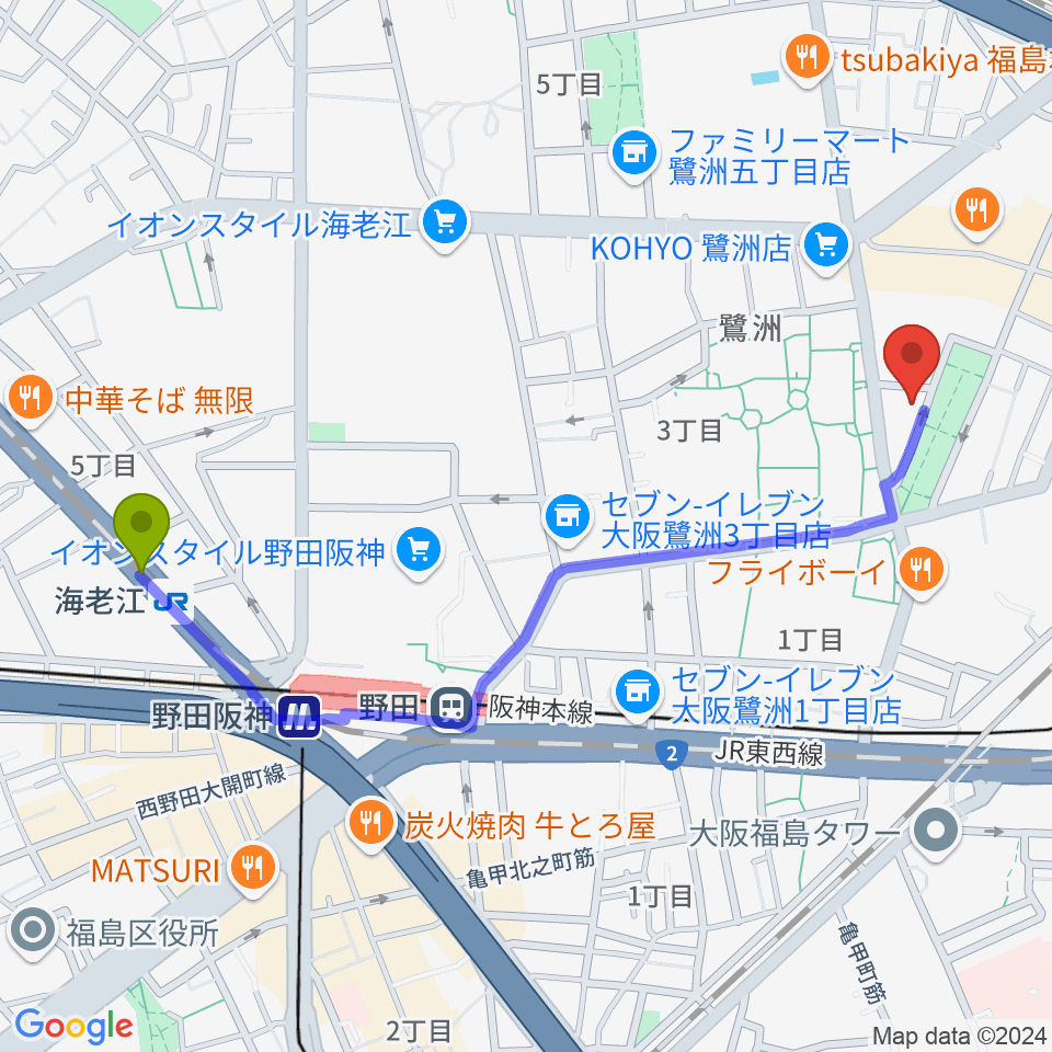 海老江駅からまこと音楽教室へのルートマップ地図