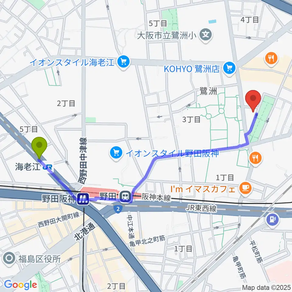 海老江駅からまこと音楽教室へのルートマップ地図