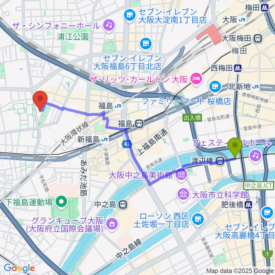 渡辺橋駅からまこと音楽教室へのルートマップ地図