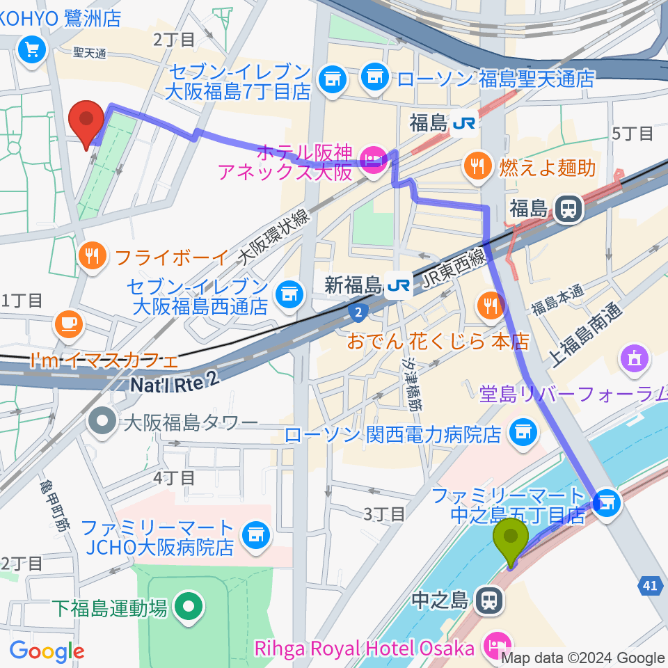 中之島駅からまこと音楽教室へのルートマップ地図