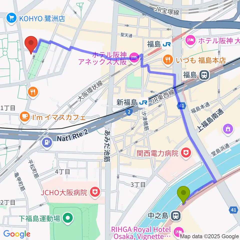 中之島駅からまこと音楽教室へのルートマップ地図