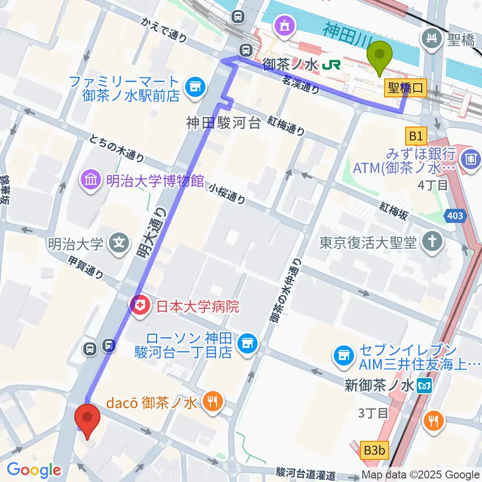 御茶ノ水駅からクロサワ楽器ドクターサウンドへのルートマップ地図