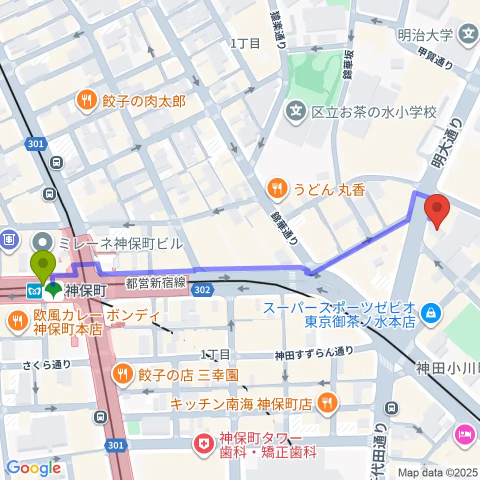 クロサワ楽器ドクターサウンドの最寄駅神保町駅からの徒歩ルート（約6分）地図