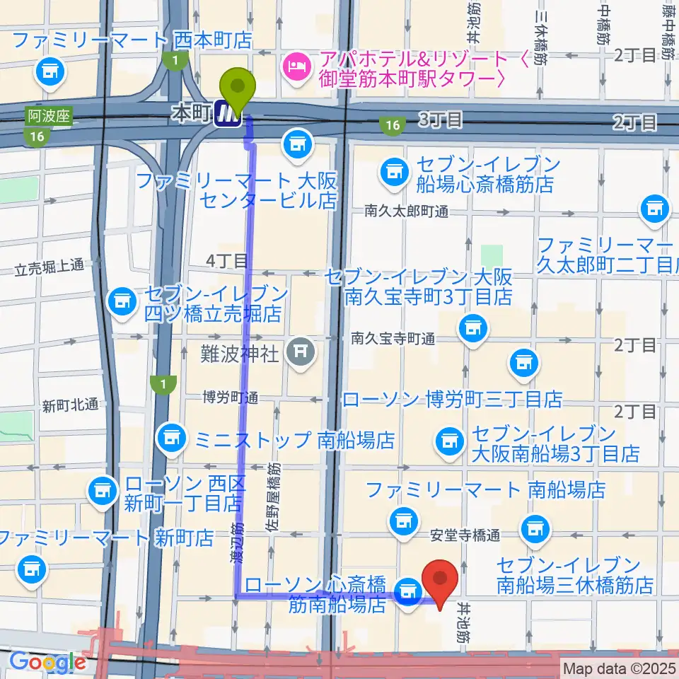本町駅からプラスミュージック心斎橋へのルートマップ地図