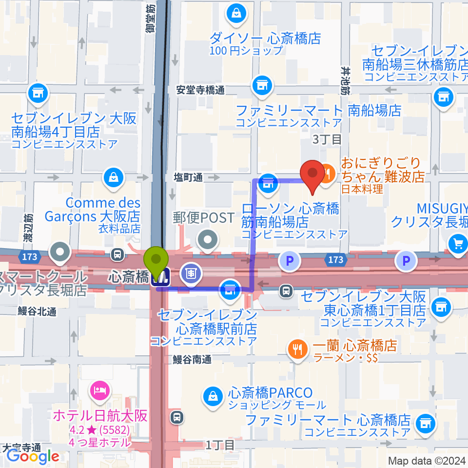 プラスミュージック心斎橋の最寄駅心斎橋駅からの徒歩ルート（約3分）地図