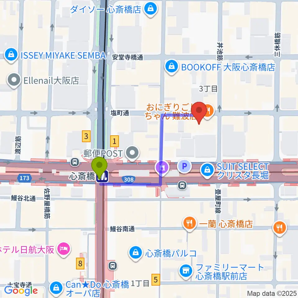 プラスミュージック心斎橋の最寄駅心斎橋駅からの徒歩ルート（約3分）地図