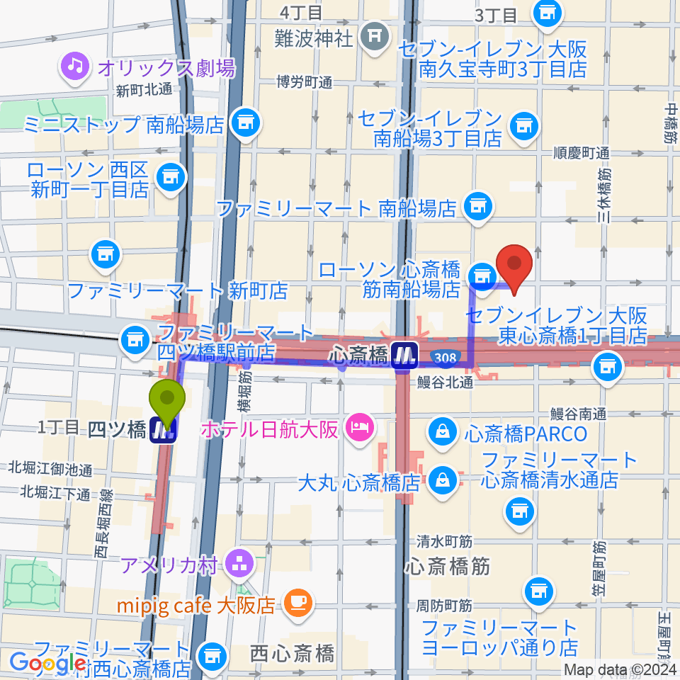 四ツ橋駅からプラスミュージック心斎橋へのルートマップ地図