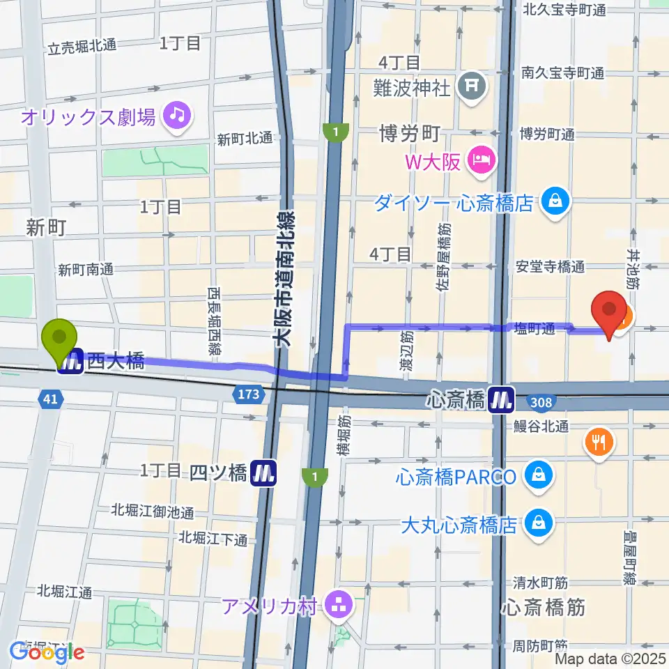 西大橋駅からプラスミュージック心斎橋へのルートマップ地図