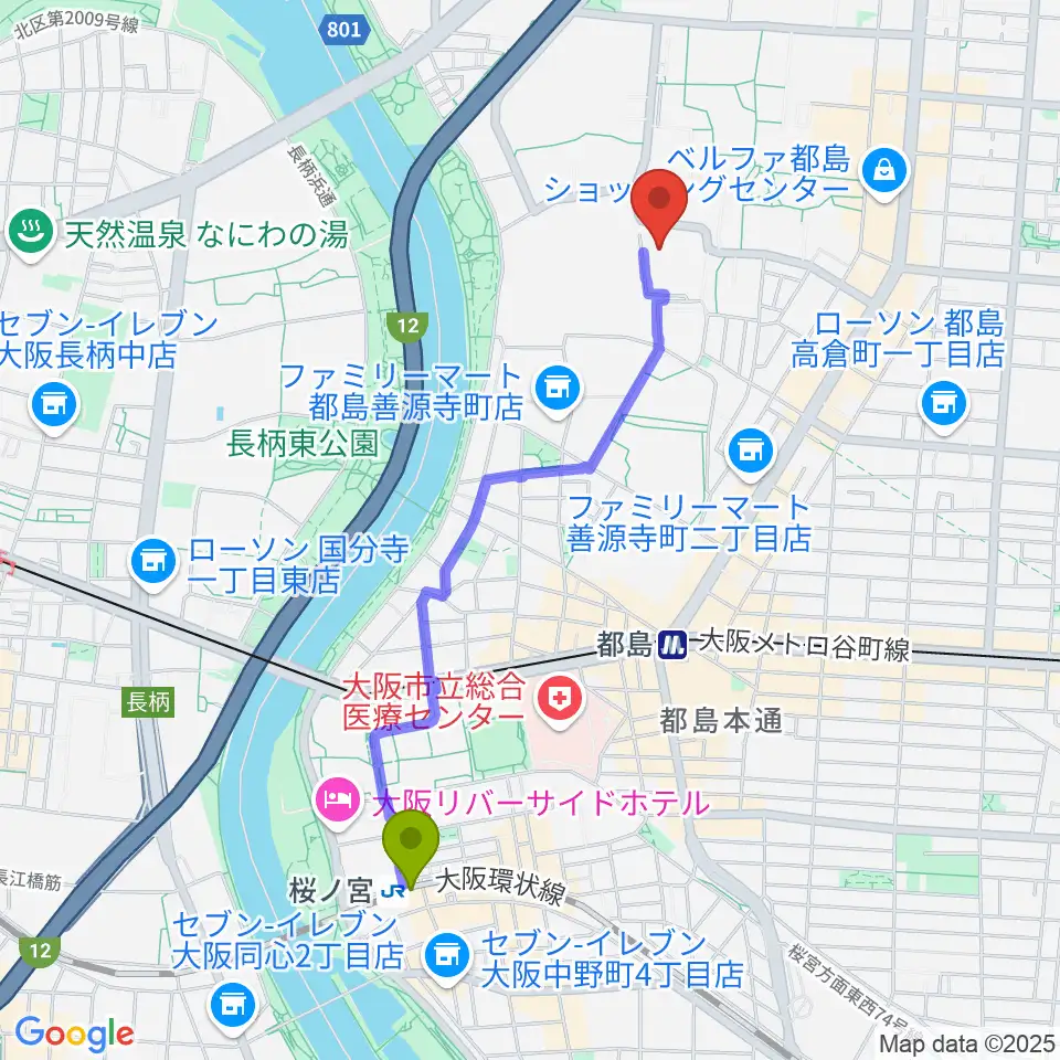 桜ノ宮駅から森音楽教室 都島教室へのルートマップ地図