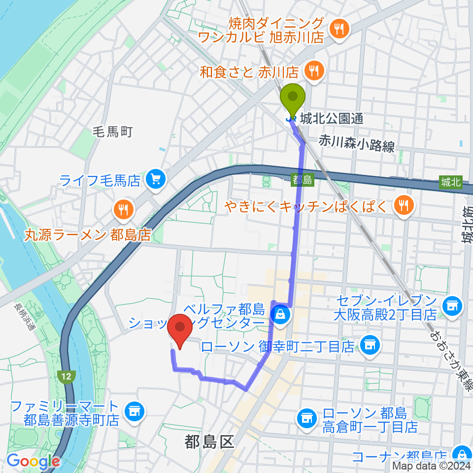 城北公園通駅から森音楽教室 都島教室へのルートマップ地図