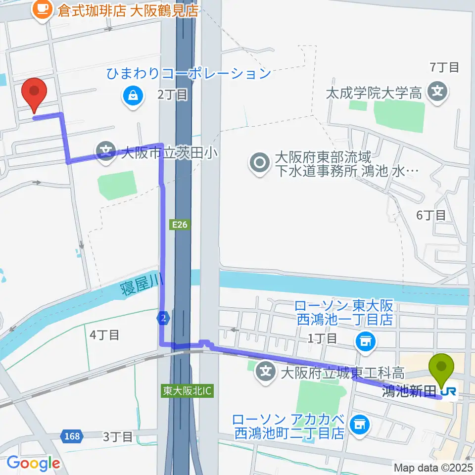 あゆみ音楽教室の最寄駅鴻池新田駅からの徒歩ルート（約16分）地図