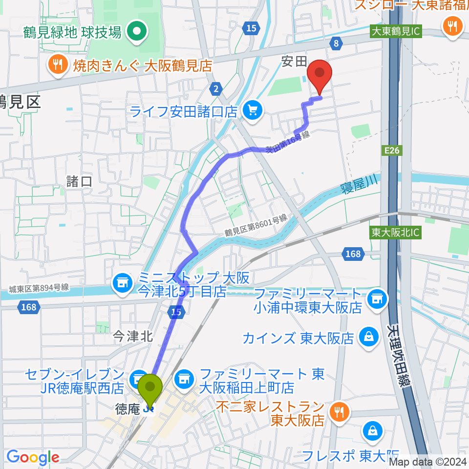 徳庵駅からあゆみ音楽教室へのルートマップ地図