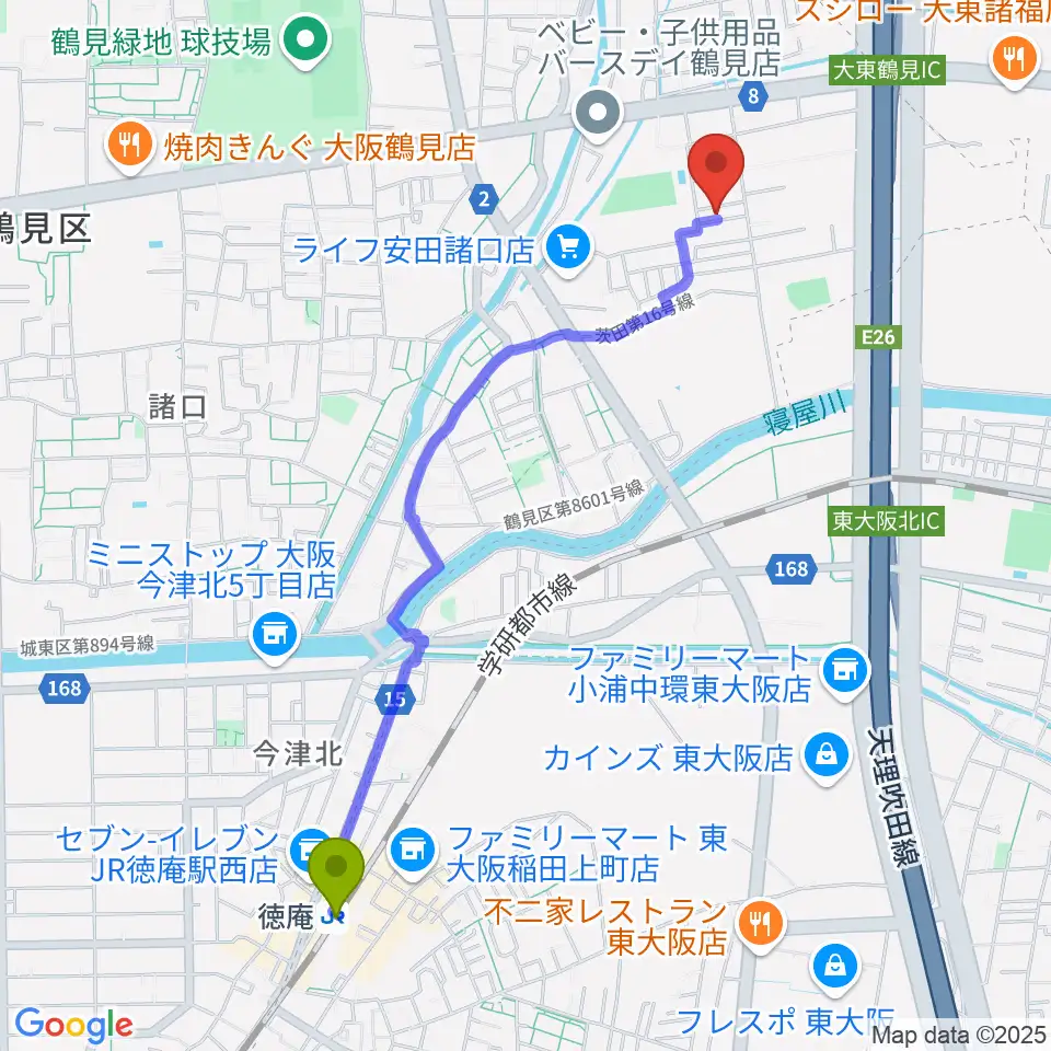 徳庵駅からあゆみ音楽教室へのルートマップ地図